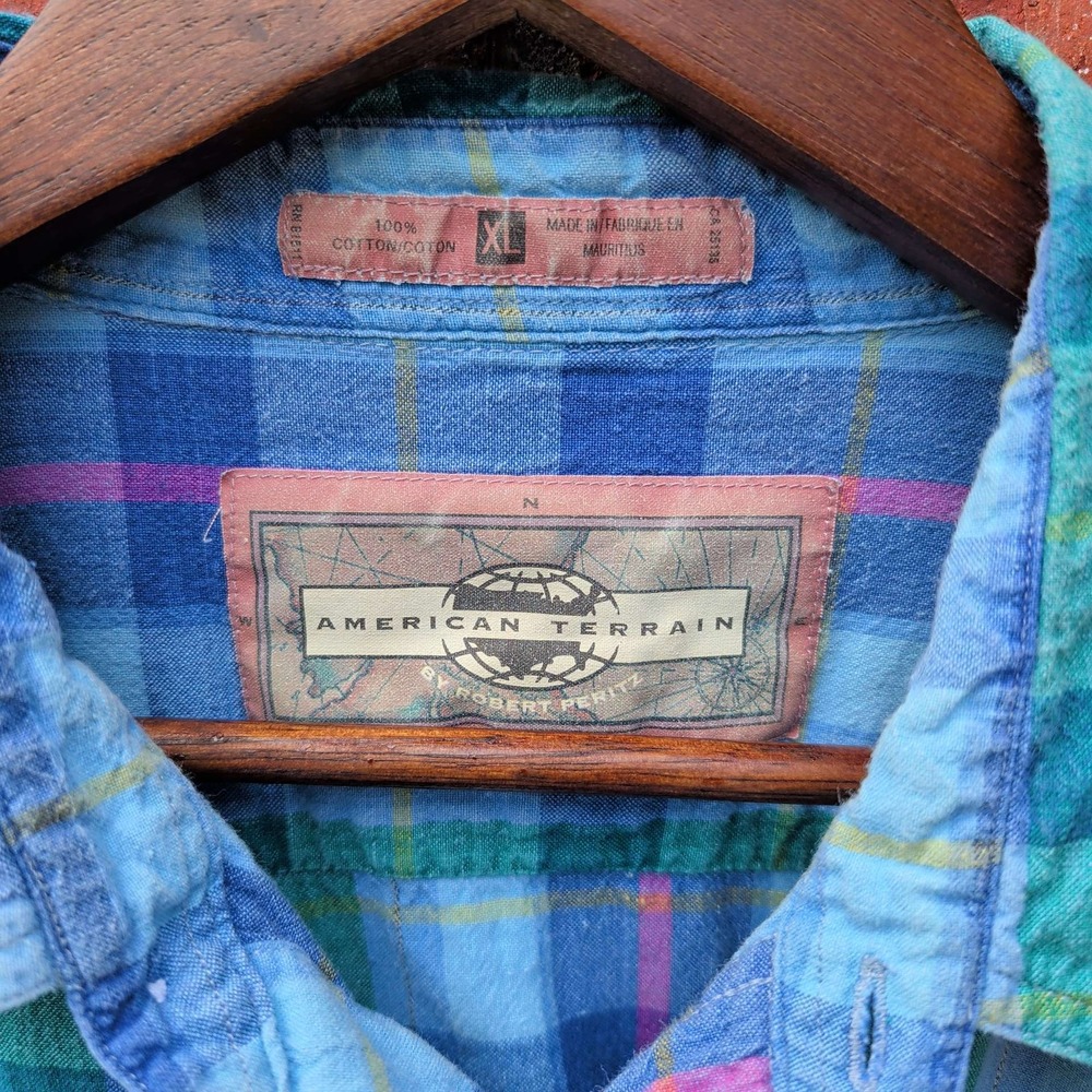 VTG 90's American Terrain Button Down Mens XL Blue Green Pink Plaid Long Sleeve - Picture 3 of 5